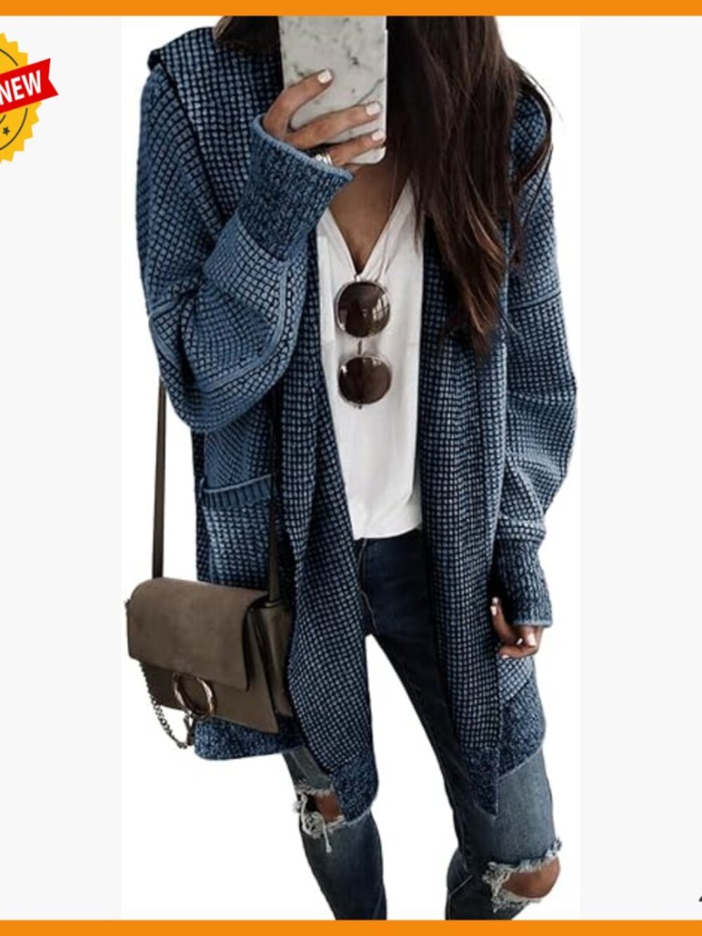 Oversized Hooded Cardigan Sweater Chunky Knit Open Front Plaid Fall Tops